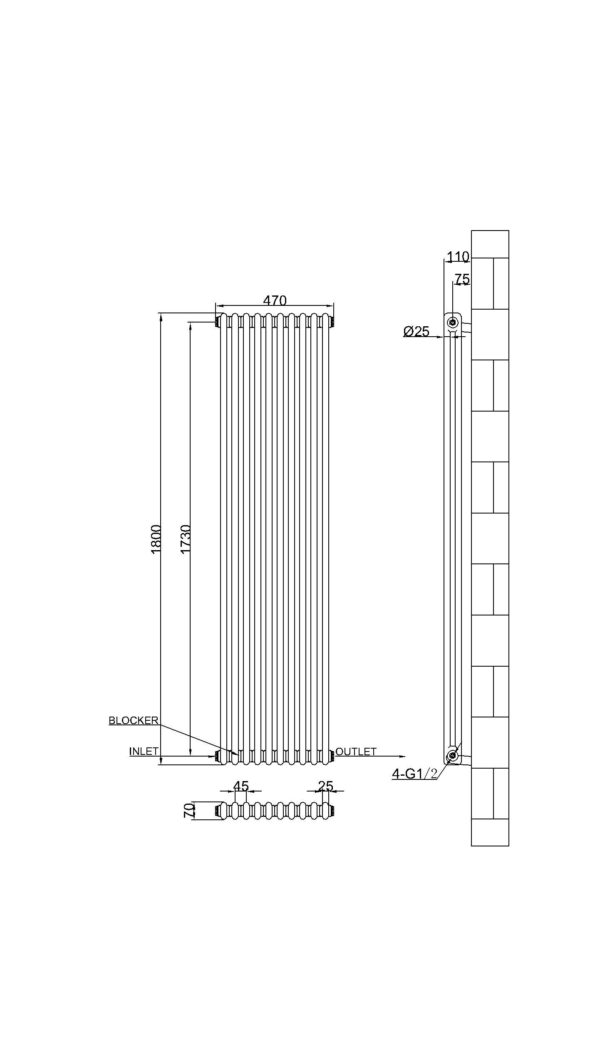 2 kolonnu  vertikāls radiators 1800 x 470 mm, krāsa - balts - Image 3