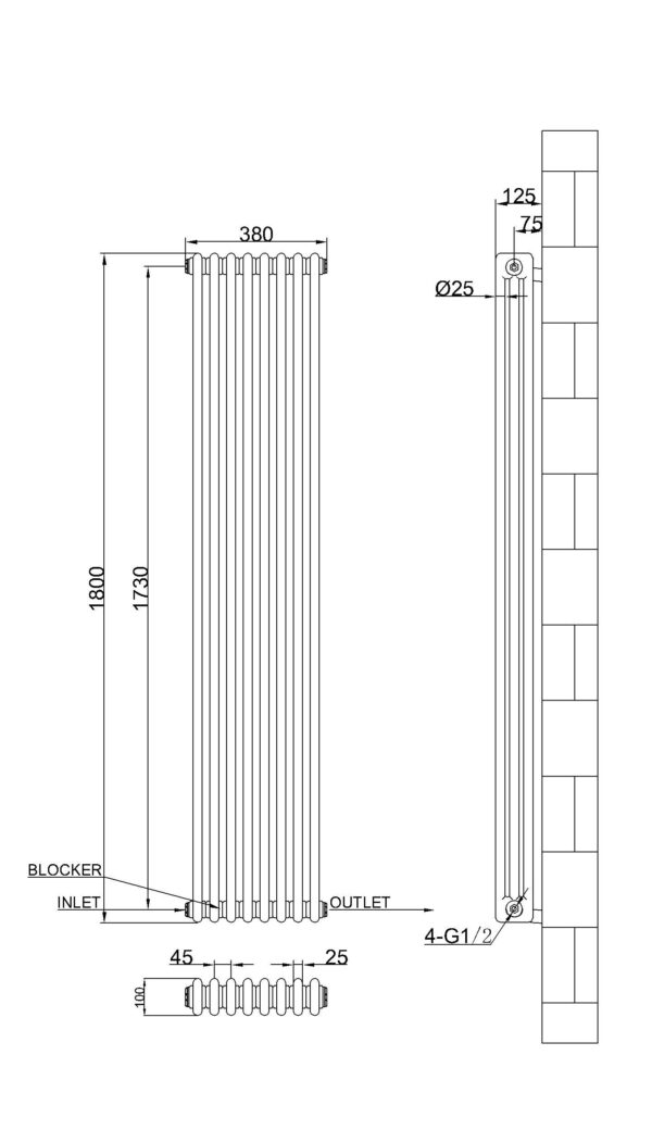 3 kolonnu vertikāls radiators 1800 x 380 mm , krāsa - balts - Image 3