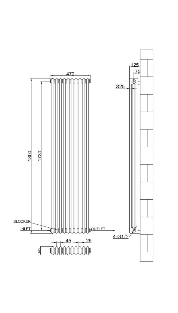 3 kolonnu vertikāls radiators 1800 x 470 mm, krāsa – balts - Image 2