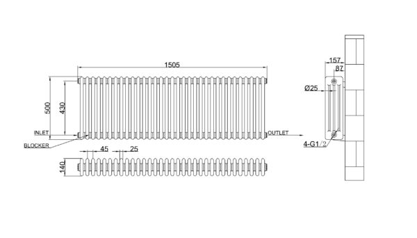 4 kolonnu 500×1505 mm horizontāls radiators, krāsa – Balts (RAL 9010) - Image 4