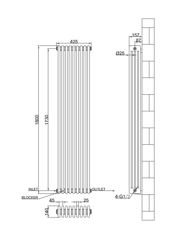 4 kolonnu 1800×425 mm vertikāls radiators, krāsa – Balts (RAL 9010) - Image 2
