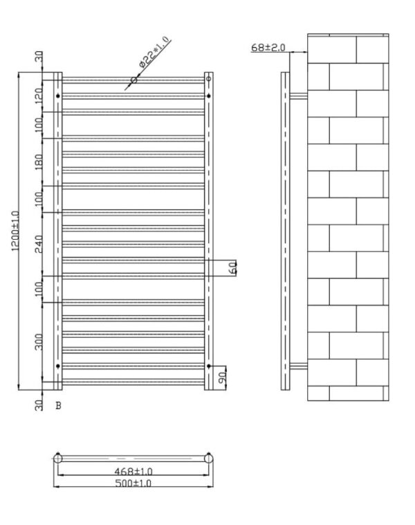 NT 1200 nerūsējošā tērauda dvieļu žāvētājs, 1200x500 mm - Image 2