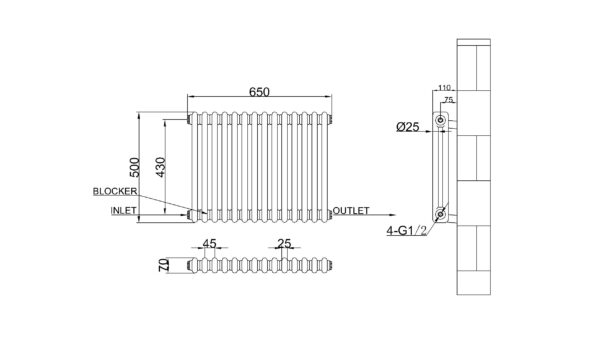 2 kolonnu 500×650 mm horizontāls radiators, krāsa – Balts (RAL 9010) - Image 2