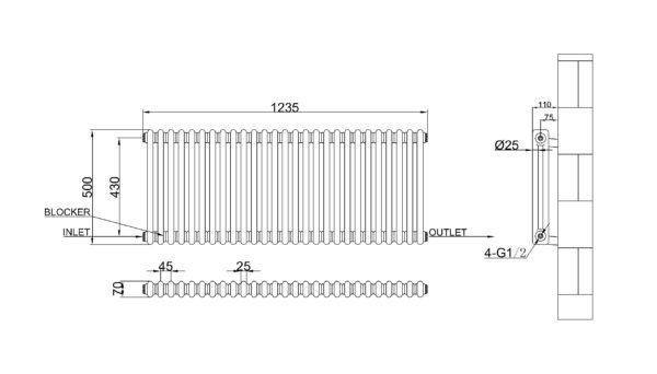 2 kolonnu 500×1235 mm horizontāls radiators, krāsa – Balts (RAL 9010) - Image 2